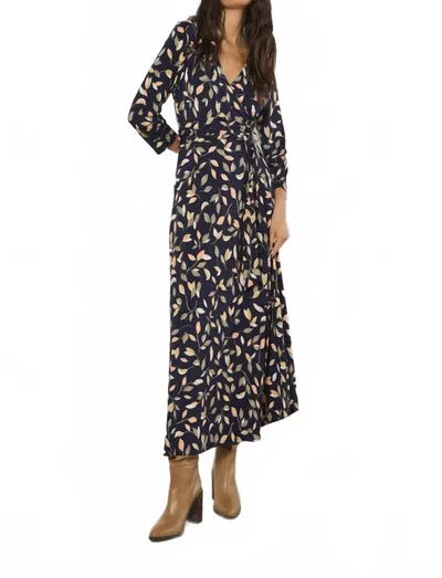 Apricot Leaf Print Wrap Maxi Dress In Navy In Multi