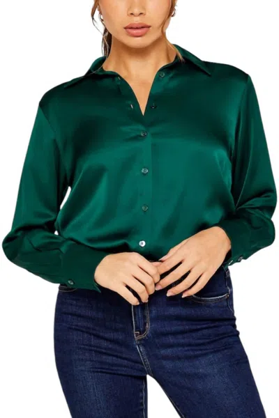 Apricot Long Sleeve Satin Button Down Shirt In Emerald In Green