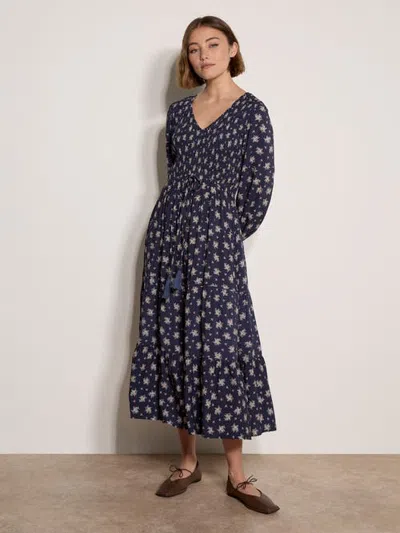 Apricot Mono Bouquet Midi Dress In Navy