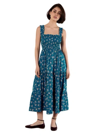 Apricot Orchid Smock Tiered Midi Dress In Blue