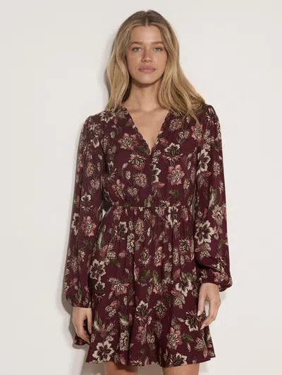Apricot Painterly Ruffle Neck Mini Dress In Burgundy