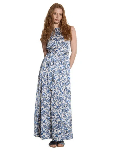 Apricot Paisley Satin Split Maxi Dress In Blue