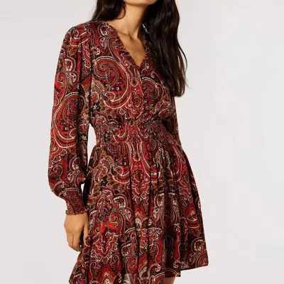 Apricot Paisley Shimmer Dress In Rust In Red