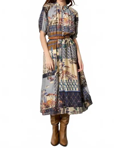 Apricot Patchwork Art Midi Shirt Dress In Navy In Gold