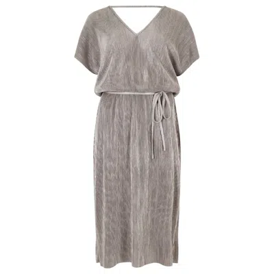 Apricot Plisse V Neck Dress In Silver In Grey