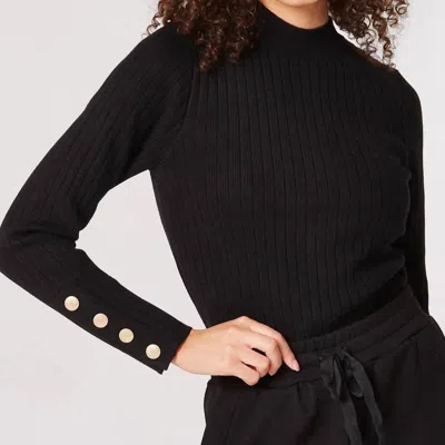 Apricot Ribbed Mock Neck Gold Button Sweater In Black