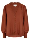 Apricot Ruffle Neck Button Through Blouse In Rust In Multi