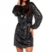 Apricot Sequin Puff Sleeve Tie Waist Mini Dress In Black In Black