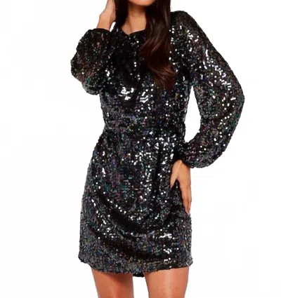 APRICOT SEQUIN PUFF SLEEVE TIE WAIST MINI DRESS IN BLACK