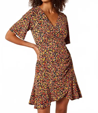 Apricot Side Ruch Graphic Ditsy Wrap Dress In Mustard In Yellow