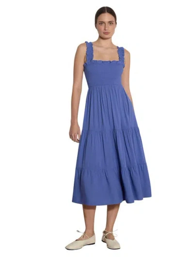 Apricot Slub Smock Tiered Midi Dress In Blue