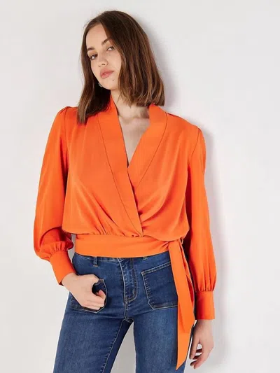 Apricot Soft Twill Wrap Top In Orange