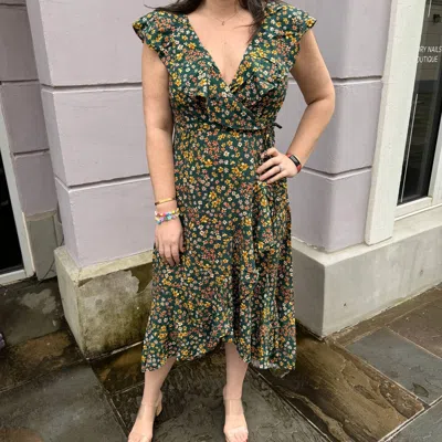 Apricot Spaced Ditsy Ruffle Wrap Dress In Green