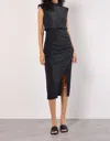 Apricot Sparkle Mock Neck Ruched Dress In Black In Black