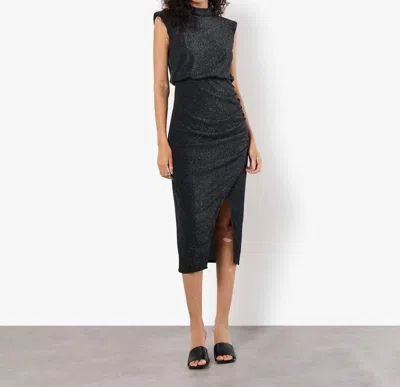 Apricot Sparkle Mock Neck Ruched Midi Dress In Black