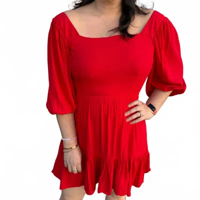 Apricot Square Neck Puff Sleeve Dress In Red
