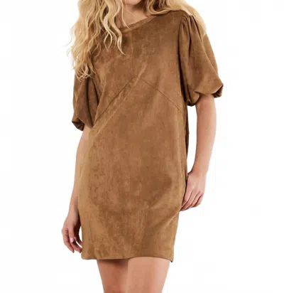 Apricot Suede Mini Puff Sleeve Dress In Brown