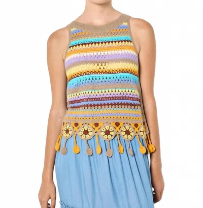 Apricot Tassel Crochet Top In Brown Multi