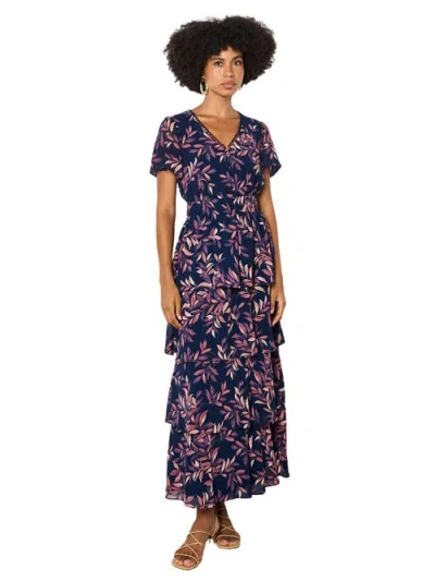 Apricot Tiered Leaf Print Dress In Blue