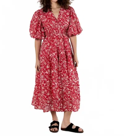 Apricot Tiered Roses Midi Dress In Red