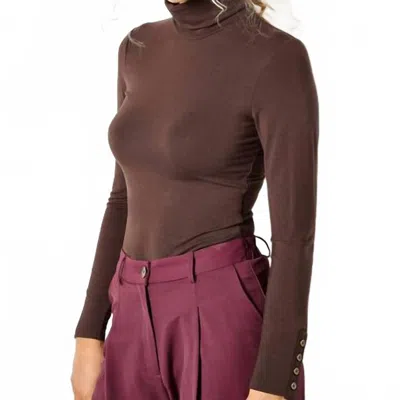 Apricot Turtle Neck Button Cuff Top In Brown