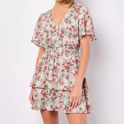 Apricot Watercolor Floral Chiffon Dress In Mint In Green