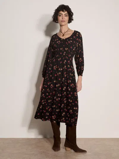 Apricot Watercolour Ditsy Smock Neck Dress In Black