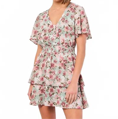 Apricot Watercolour Floral Layered Dress In Light Green In Brown