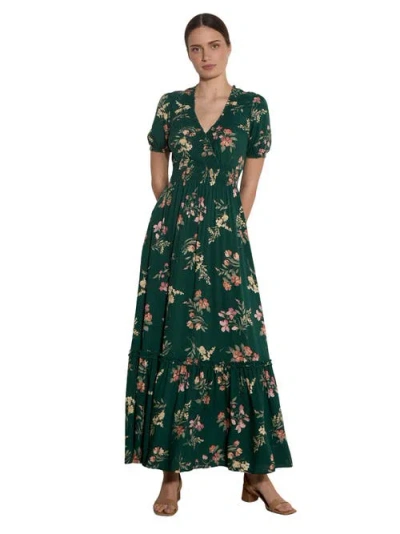 Apricot Watercolour Floral Tiered Maxi Dress In Green