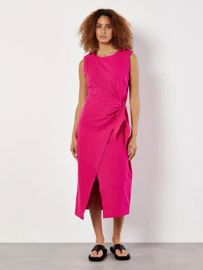 Apricot Wrap & Knot Cotton Midi Dress In Fuschia In Pink
