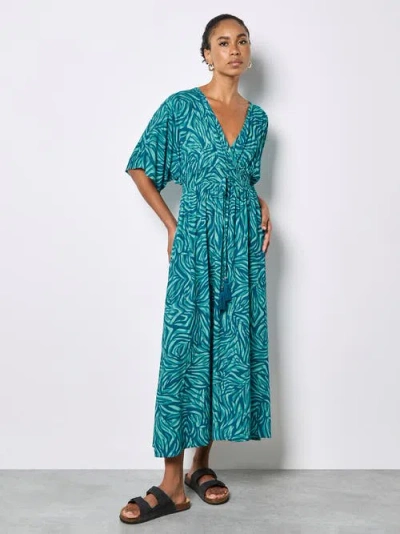 Apricot Zebra Swirl Tassel Detail Maxi Dress In Blue
