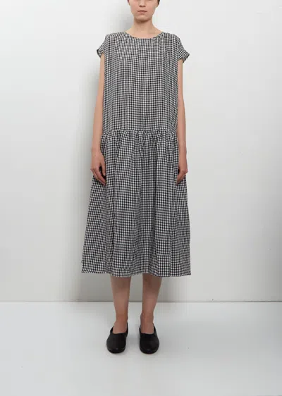 Apuntob Linen Vichy Check Gathered Dress In Black