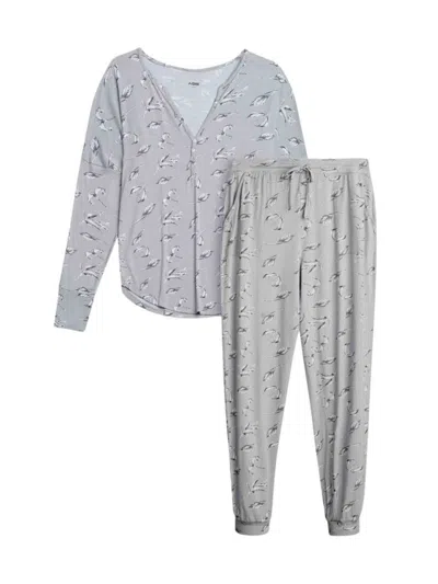 Aqs Women's 2-piece Feather-print Shirt & Pants Pajama Set In Smoke