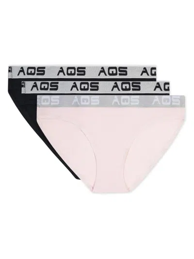 Aqs Women's 3-pack Ribbed Logo Bikini Panties In Pink Black Combo