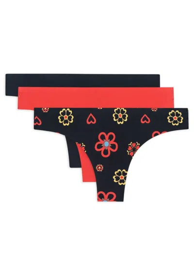 Aqs Women's 3-pack Seamless Assorted Thongs In Flower Red Combo