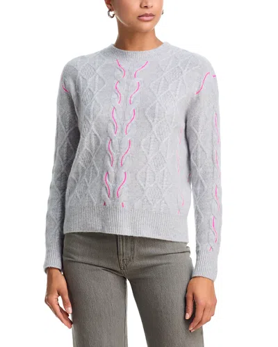 Aqua 100% Cashmere Crewneck Cable Knit Sweater - Exclusive In Light Grey/ Pink