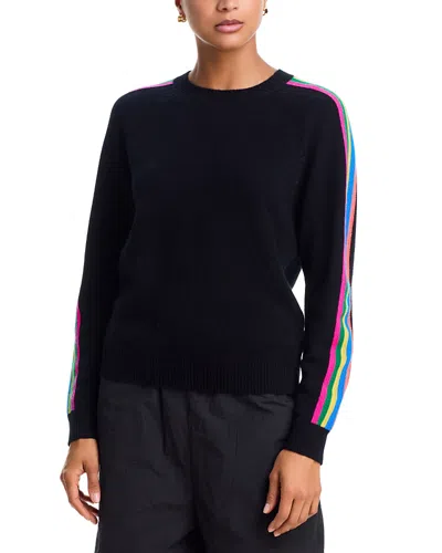 Aqua 100% Cashmere Rainbow Athletic Stripe Sweater - Exclusive In Black