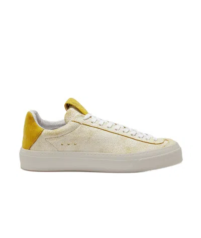 Aqua Alta Venice Textured Craquel Leather Sneakers With Yellow Accents In Neutral