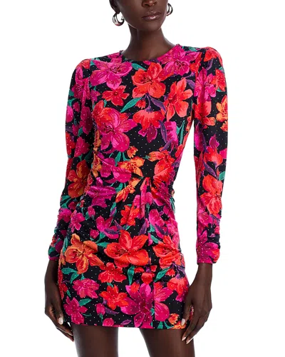 Aqua Amaryllis Floral Knit Long Sleeve Mini Dress - Exclusive In Black