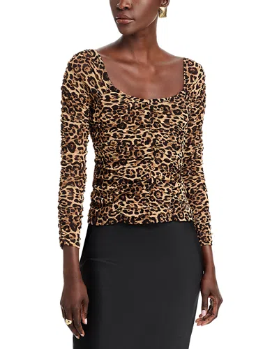 Aqua Animal Print Ruched Mesh Long Sleeve Top - Exclusive In Natural