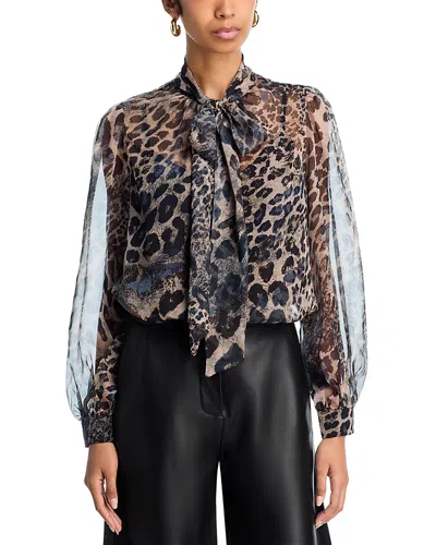 Aqua Animal Print Tie Neck Top - Exclusive In Multi