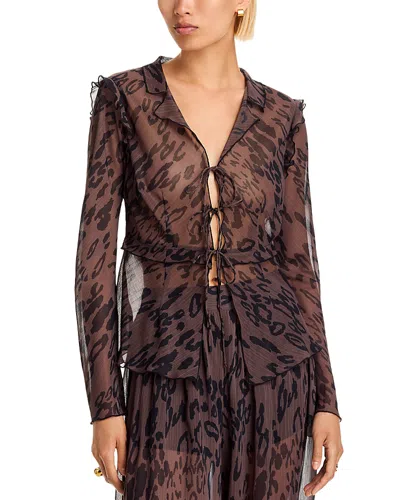 Aqua Animal Ruffle Tie Long Sleeve Top - Exclusive In Brown