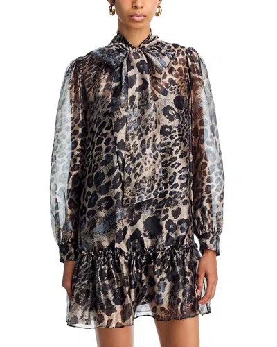 Aqua Animal Tie Neck Long Sleeve Drop Waist Dress - Exclusive In Animal Print