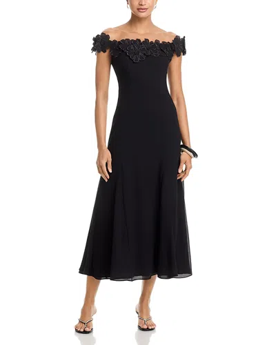Aqua Applique Floral Off-the-shoulder Midi Dress - Exclusive In Black