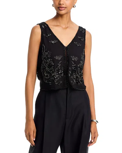 Aqua Beaded V Neck Top - Exclusive In Black