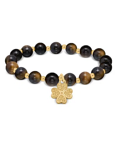 Aqua Beads & Clover Charm Stretch Bracelet - Exclusive In Brown