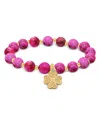 Aqua Beads & Clover Charm Stretch Bracelet - Exclusive In Dark Pink