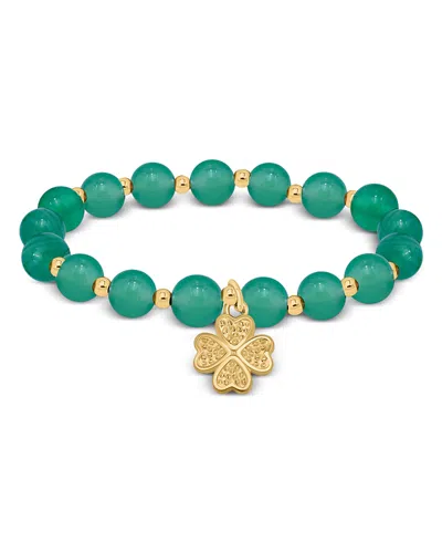 Aqua Beads & Clover Charm Stretch Bracelet - Exclusive In Green