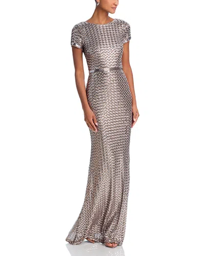 Aqua Belted Sequin Gown - Exclusive In Silver/taupe