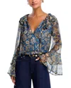 Aqua Block Floral Metallic Dot Ruffle Tie Front Blouse - Exclusive In Blue